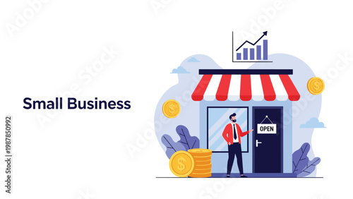 Small business owner standing proudly in front of his local shop with a store front awning and symbols of financial growth and success.