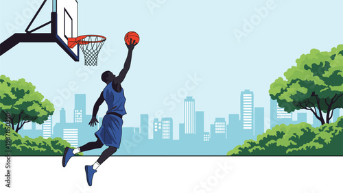 Dynamic illustration of a basketball player performing a slam dunk in a city park with a urban skyline and green trees in the background.