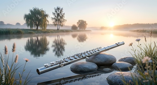 A serene lakeside scene at sunrise with a silver flute resting on smooth stones in the foreground.