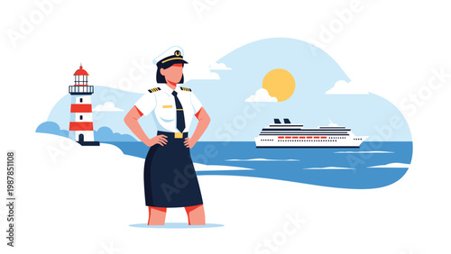 Professional female ship captain standing proudly at the coast with cruise ship and lighthouse on sunny day background.