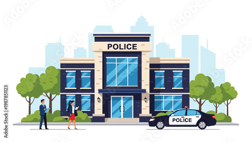 Police station building exterior design with law enforcement officers walking outside and patrol car parked in front.