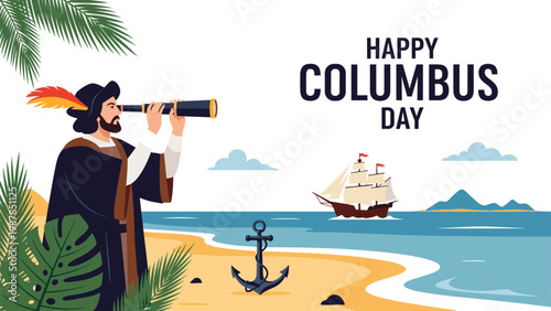 Happy columbus day celebration featuring explorer using telescope on tropical beach with historic sailing ship at sea.