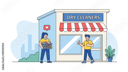 Local dry cleaners storefront with friendly staff members and customer carrying laundry basket in front of the building.