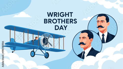 Wright brothers day commemoration showing classic early biplane flying in the sky alongside portraits of the famous inventors.