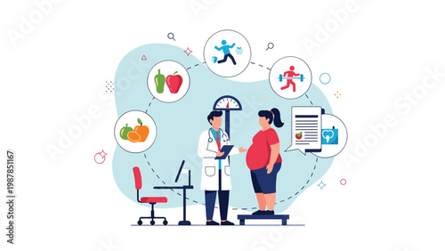 Overweight patient consulting with doctor about healthy lifestyle choices including diet and regular physical exercise icons.