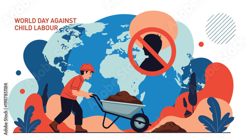 World day against child labour campaign illustration with child worker pushing wheelbarrow on global map background icon.