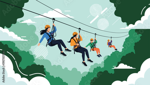 Group of active people enjoying zipline adventure through lush green forest canopy on a bright and sunny summer day.