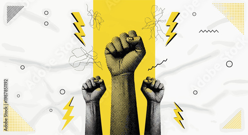 Powerful unity and social justice protest concept with raised clenched fists and lightning bolts in a modern collage style vector illustration