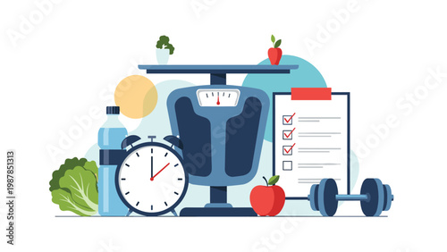 Healthy lifestyle and weight loss concept with scale and dumbbells alongside water and nutritious food items for fitness.