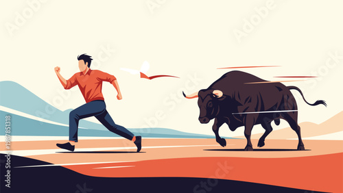 Brave man running away from a powerful black charging bull on a vast open field representing danger and risk management.