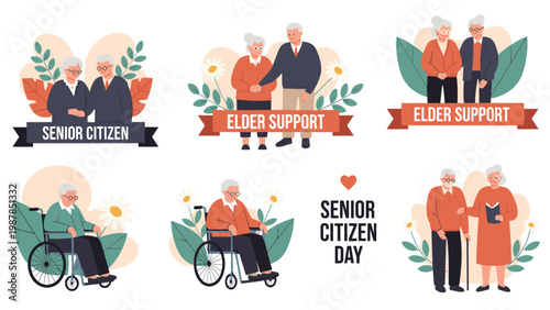Senior citizen day collection of scenes showing elderly support and care for older people with disabilities in a community.