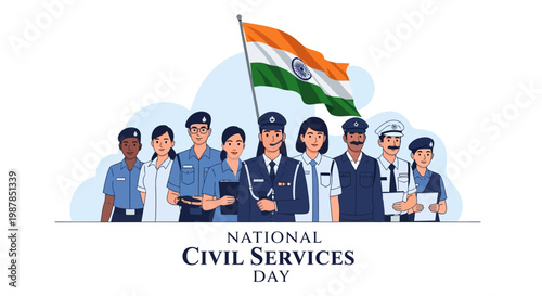 Celebrating National Civil Services Day in India with a diverse group of civil service officers holding the Indian flag, symbolizing public administration and governance, displayed