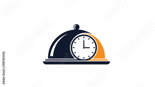 Fast food delivery or restaurant service time concept featuring serving cloche with clock icon on a clean white background.