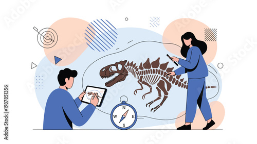 Paleontologists studying dinosaur fossil skeleton using digital tablet and compass for archaeological research and discovery.