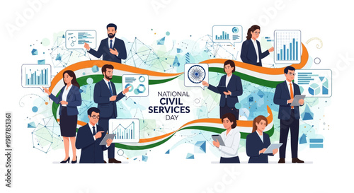 Celebrating National Civil Services Day in India, public administration officials are represented in this vector illustration with the Indian flag and data charts, highlighting governance
