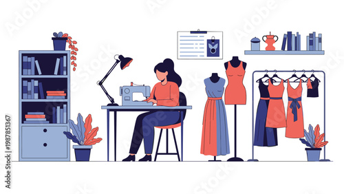 Professional fashion designer working with sewing machine in studio surrounded by mannequins and stylish clothing garments.