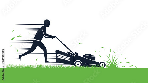 Silhouette of man moving fast while pushing lawnmower to cut green grass representing efficient garden maintenance service.