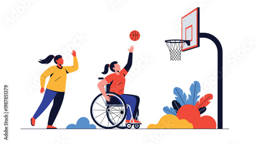 Inclusive sports concept showing two girls playing basketball with one athlete in a wheelchair aiming for the hoop together.
