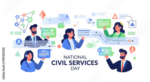 Celebrating National Civil Services Day in India, a vector illustration showcases several civil service officers engaged in governance and public administration, representing the vital role