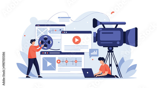 Creative video editing and media production team working on digital content with cameras and computer software interfaces.