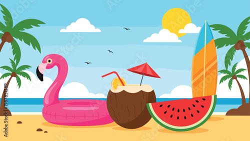 Tropical beach summer vacation elements including pink flamingo float with coconut drink and surfboard under palm trees.
