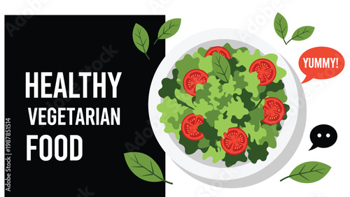 Top view of a healthy vegetarian salad in a white bowl containing fresh lettuce, ripe tomato slices, and fragrant green basil leaves.