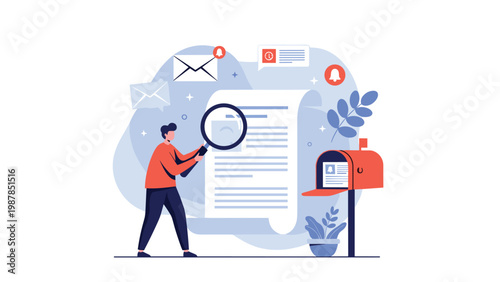 Focused professional uses a large magnifying glass to carefully inspect a giant document or contract near a mailbox with notifications.