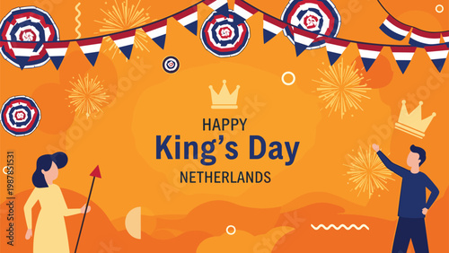 Enthusiastic crowd celebrates Kings Day in the Netherlands with orange decorations, flags, and royal crowns in a festive atmosphere.