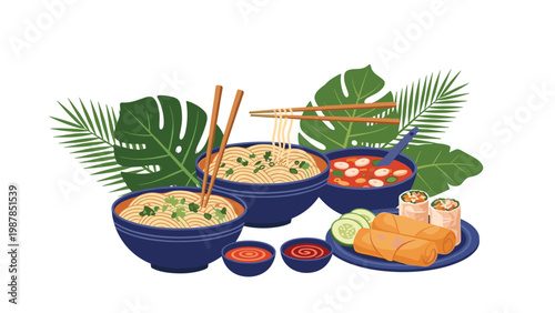 Delicious spread of Asian cuisine includes bowls of steaming noodles, spring rolls with dipping sauce, and spicy soup among tropical leaves.