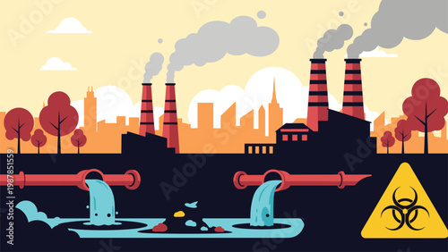 Environmental pollution scene depicts large industrial factories releasing toxic smoke into the air and chemical waste into a blue river.