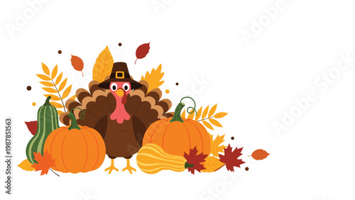 Festive Thanksgiving scene features a cute brown turkey wearing a pilgrim hat surrounded by orange pumpkins and colorful autumn leaves.