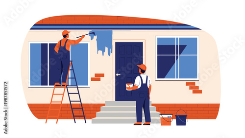 Professional house painters in overalls use ladders to apply a fresh coat of blue paint to the exterior of a residential home.