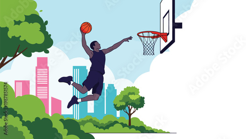 Athletic basketball player jumps high in the air to perform a slam dunk during an outdoor game with a city skyline in the background.