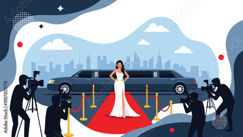 Glamorous woman in a white dress poses on a red carpet in front of a limousine while surrounded by a crowd of paparazzi photographers.
