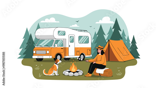 Relaxed woman enjoys a campfire near her motorhome and tent while her faithful dog sits nearby in a beautiful evergreen forest.
