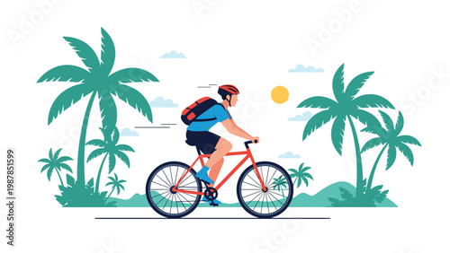 Active man rides a red bicycle along a coastal path lined with green palm trees under a bright sun in a tropical paradise.