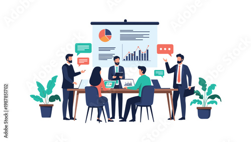 Business team collaborating in modern office space during data analysis presentation with charts and graphs on board.