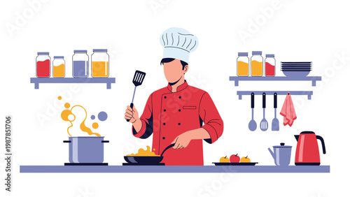 Professional male chef in uniform preparing gourmet meal with frying pan and steaming pot in modern restaurant kitchen.