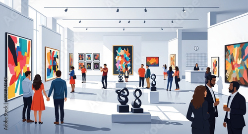Art Gallery Exhibition Modern Museum Interior Visitors Viewing Paintings Sculptures.