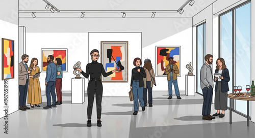 Art Gallery Exhibition Visitors Admiring Paintings and Sculptures.