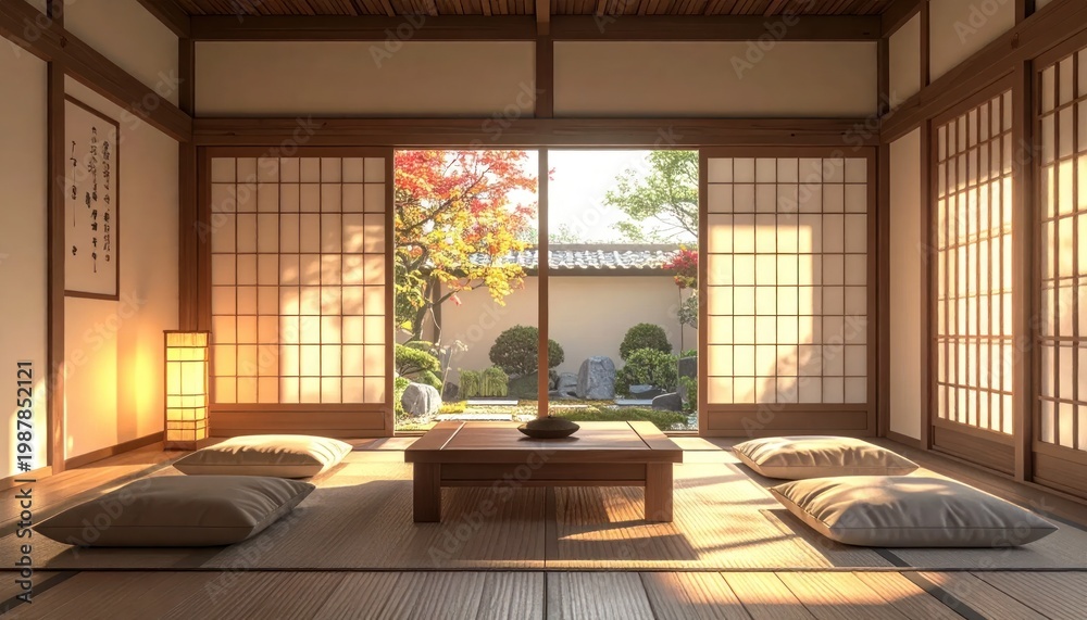 Fototapeta premium Serene Traditional Japanese Room with Garden View.