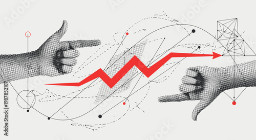 Business growth concept with red arrow moving up through hands gestures and technical geometry diagrams in a creative collage vector illustration
