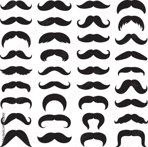 Black Hipster Mustache Icon Set. Vector Illustration isolated on white background.