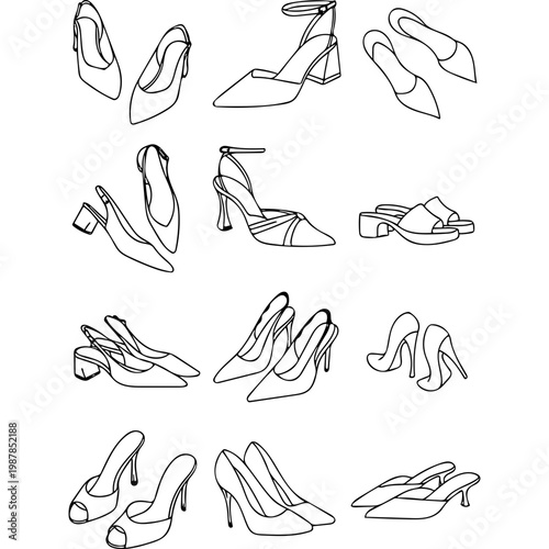 Collection of women's shoes line art illustrations featuring heels pumps slingbacks and sandals