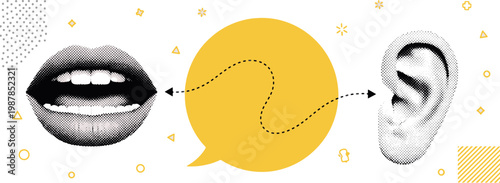Modern conceptual collage showing the process of active listening and verbal communication between a mouth and an ear vector illustration