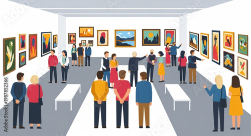 Art Gallery Exhibition Visitors Viewing Paintings on Walls.