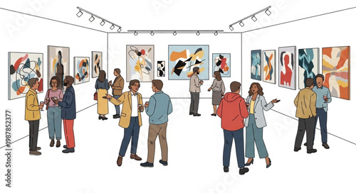 Art Gallery Exhibition Visitors Viewing Paintings.