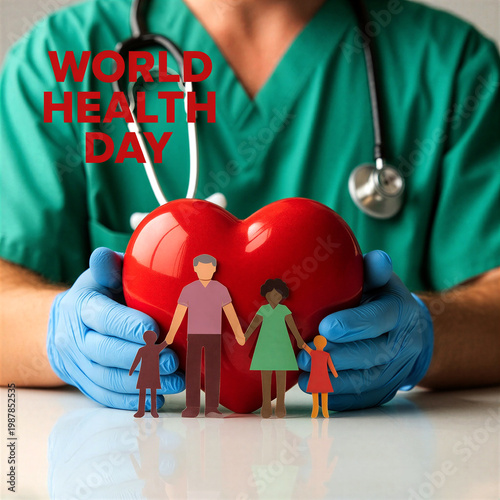 Medical professional holding a heart with family cutouts for world health day celebration concept