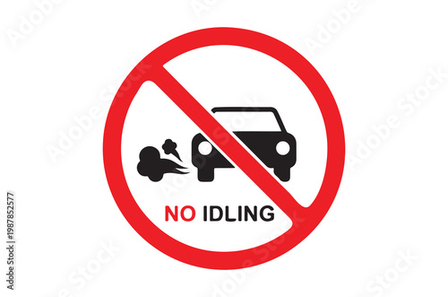 Prohibited car idling sign with vehicle exhaust smoke icon