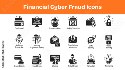 Financial Cybersecurity Silhouette Icons Set – Banking Fraud & Payment Protection Pack